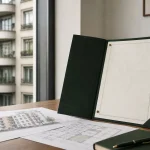 Работно бюро с документи и жилищни сгради, илюстрация към вписването в регистъра на МРРБ